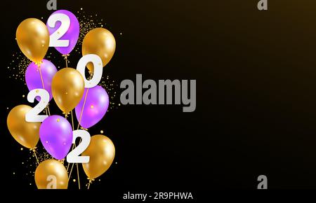 Vector Illustration 2022 HAPPY NEW YEAR with 3d realistic balloons and 2022 numbers. Typography print poster, holiday decoration background, seasonal Stock Vector