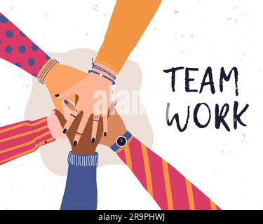 Vector trendy illustration with hands of diverse group of people putting together. Concept of friendship, cooperation, teamwork, partnership, agreemen Stock Vector