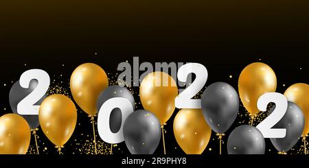 Vector Illustration 2022 HAPPY NEW YEAR with 3d realistic balloons and 2022 numbers. Typography print poster, holiday decoration background, seasonal Stock Vector