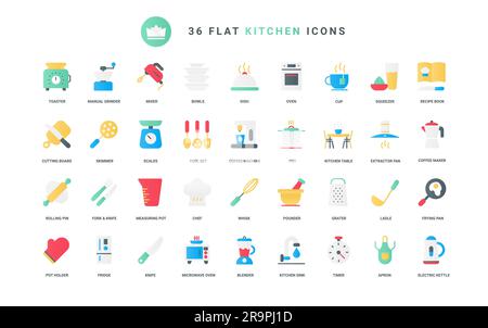 Restaurant or home tools and household electric machines symbols, chefs recipe book, utensils for cooking food. Kitchen equipment and furniture trendy flat icons set vector illustration Stock Vector