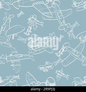 Vector seamless pattern with outline aircraft. Kids background with planes. Funny airplanes Stock Vector
