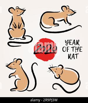 Vector set with hand drawn rats. Symbol Zodiac sign. Decorative elements for Chinese Happy New 2020 Year Stock Vector