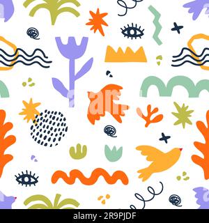 Vector seamless pattern with abstract geometric shapes in aesthetic Matisse style. Creative hand drawn contemporary doodle elements: flowers, plants, Stock Vector