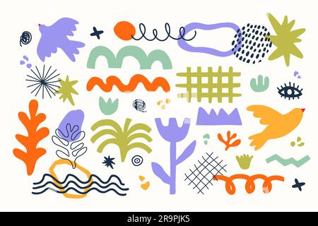 Vector set of modern abstract geometric shapes in aesthetic Matisse art style. Creative hand drawn contemporary doodle elements: flowers, plants, bird Stock Vector
