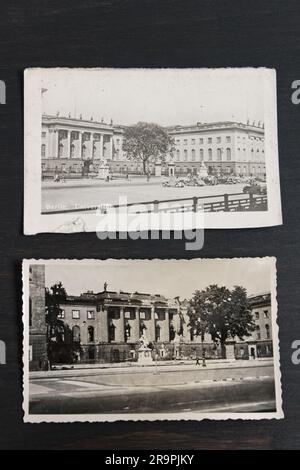 Old photos of Berlin University 1930s and ruined of this building after WW2 in 1945. Stock Photo