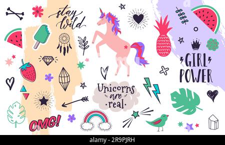 Vector modern collection of decorative design elements hand drawn in trendy doodle style - fruits, animals, plants, symbols. Colorful vector set for w Stock Vector