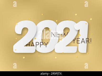 Vector Illustration 2021 HAPPY NEW YEAR with 3d realistic numbers and golden glitter confetti. Typography print poster, holiday background, seasonal f Stock Vector