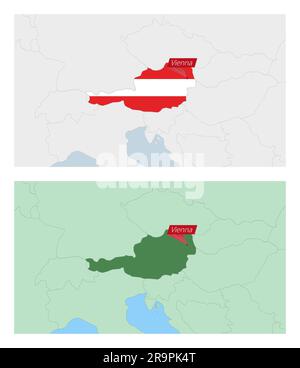 Austria map with pin of country capital. Two types of Austria map with neighboring countries. Vector template. Stock Vector
