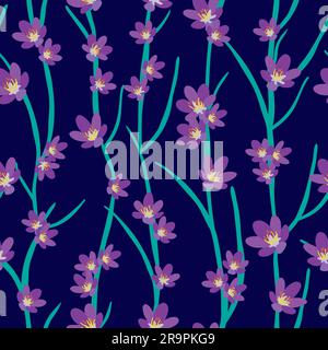 Purple crocus seamless pattern in purple and green colours on dark background Stock Vector