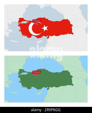 Turkey map with pin of country capital. Two types of Turkey map with neighboring countries. Vector template. Stock Vector