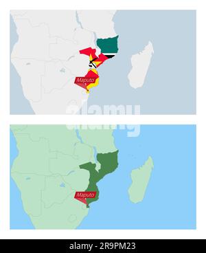 Mozambique map with pin of country capital. Two types of Mozambique map with neighboring countries. Vector template. Stock Vector