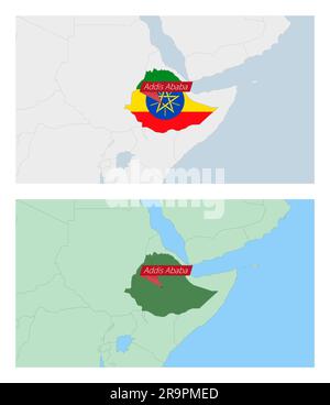 Ethiopia map with pin of country capital. Two types of Ethiopia map with neighboring countries. Vector template. Stock Vector