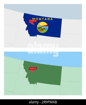 Montana map with pin of country capital. Two types of Montana map with neighboring countries. Vector template. Stock Vector