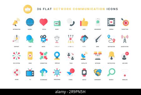 Radio broadcast, video and photography, chat messages in speech bubbles from contacts, television tower. Social media, global network communication trendy flat icons set vector illustration Stock Vector
