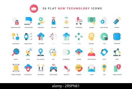 Modern machines and futuristic science symbols, AI and virtual reality glasses for user, automation software. Digital technology for future innovation trendy flat icons set vector illustration Stock Vector
