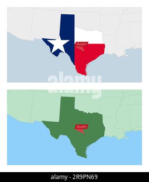 Texas map with pin of country capital. Two types of Texas map with neighboring countries. Vector template. Stock Vector