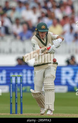 Marnus Labuschagne of Australia hits the ball for one run during the LV= Insurance Ashes Test Series Second Test Day 1 England v Australia at Lords, London, United Kingdom, 28th June 2023  (Photo by Mark Cosgrove/News Images) in London, United Kingdom on 6/28/2023. (Photo by Mark Cosgrove/News Images/Sipa USA) Stock Photo
