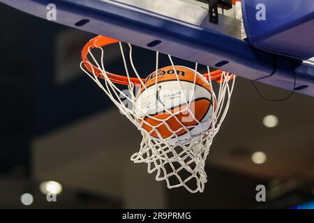 Chicago, USA. 28th June, 2023. Chicago, USA, June 28, 2023: The official game ball is seen in the net before the game between the Chicago Sky and Los Angeles Sparks on Wednesday June 28, 2023 at Wintrust Arena, Chicago, USA. (NO COMMERCIAL USAGE) (Shaina Benhiyoun/SPP) Credit: SPP Sport Press Photo. /Alamy Live News Stock Photo