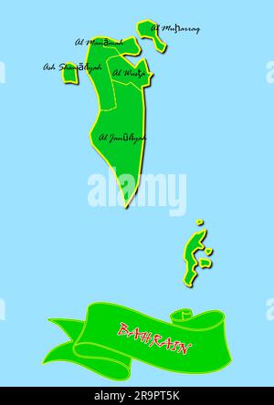 Map of Bahrain with Subregions in Green Country Name in Red Stock Photo