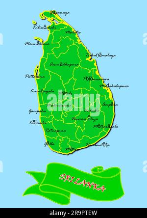 Map of Sri Lanka with Subregions in Green Country Name in Red Stock Photo