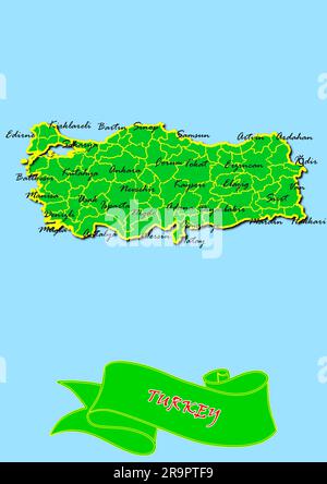 Map of Turkey with Subregions in Green Country Name in Red Stock Photo