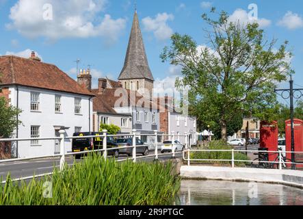 View of the picturesque town centre of Stockbridge, Hampshire, one of the smallest towns in the United Kingdom, on a sunny summer day Stock Photo