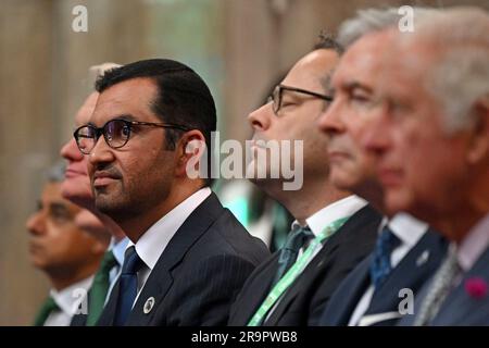 King Charles III sits with Sultan al-Jaber (third left), chief executive of the UAE's Abu Dhabi National Oil Company and the president of this year's COP28 climate, as they watch a video during the Climate Innovation Forum at the Guildhall in London. Picture date: Wednesday June 28, 2023. Stock Photo