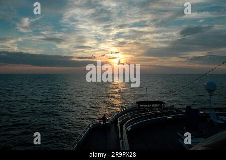 view of the sky at sunrise from a cruise ship in the mediterranean sea Stock Photo