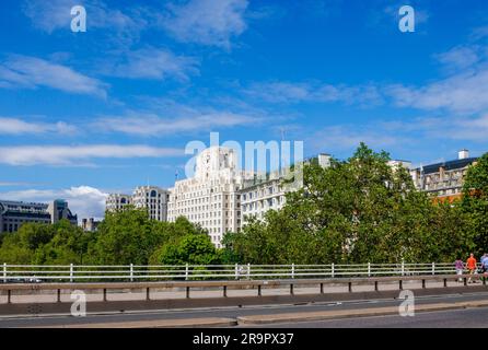 Shell Mex House, 80 Strand, a grade II listed Portland stone building on Victoria Embankment viewed from Waterloo Bridge, London WC2 on a sunny day Stock Photo