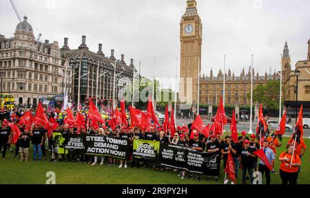 London, UK. 28th June, 2023. Steel workers from Unite and other unions march to Parliament Square to demand that the Government invest in British Steel. Steelworkers are marching on Parliament to demand the government acts fast to throw a lifeline to the UK's steel industry. If the UK is to retain its vital steelmaking capabilities urgent investment is needed now. The Steelworkers say the government must Cut energy costs, Invest in green tech to support and save UK steel jobs and demand that UK-made steel is used in UK public projects Credit: Joe Maida/Alamy Live News Stock Photo