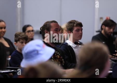 Students from Florida engaged in the Artemis I student briefing at NASA’s Kennedy Space Center on Jan. 19, 2023, participating in discussions on human space exploration and mission questions from across the U.S. Stock Photo