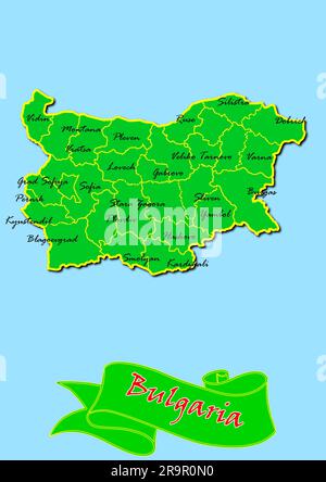 Map of Bulgaria with Subregions in Green Country Name in Red Stock Photo