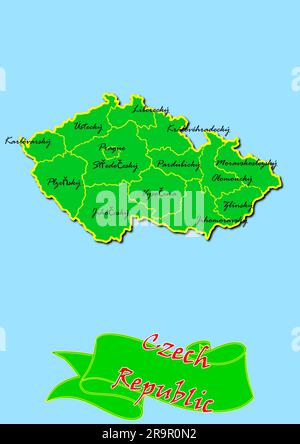 Map of Czech Republic with Subregions in Green Country Name in Red Stock Photo