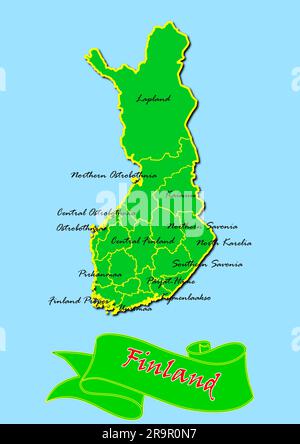 Map of Finland with Subregions in Green Country Name in Red Stock Photo