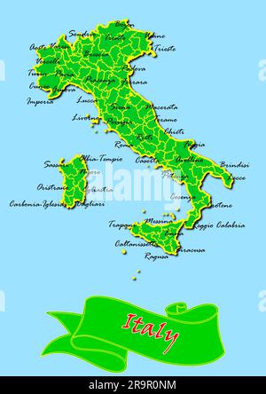 Map of Italy with Subregions in Green Country Name in Red Stock Photo