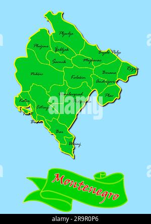 Map of Montenegro with Subregions in Green Country Name in Red Stock Photo