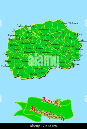 Map of North Macedonia with Subregions in Green Country Name in Red Stock Photo