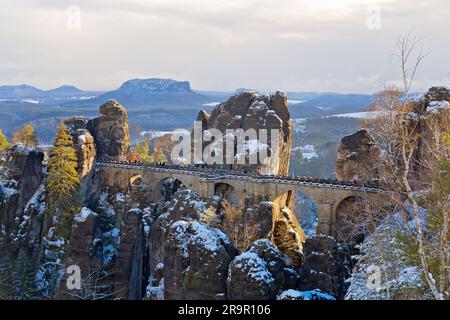 Bastei Bridge in Saxon Switzerland National Park during winter, Germany Stock Photo