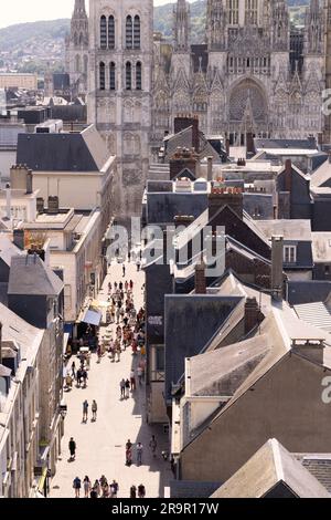 Rouen street view - looking along Rue de Gros Horloge towards Rouen Cathedral from the bell tower of the Great clock, Rouen Normandy France Travel. Stock Photo