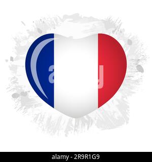 3D heart with French flag on brush strokes and ink spots modern background. Welcome to Paris, welcome to France tourist business logo concept. Stock Vector