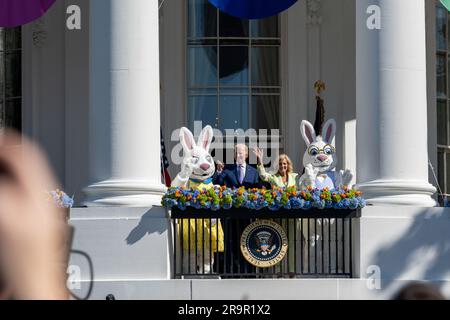 President Joe Biden and First Lady Jill Biden waved to guests from the Blue Room Balcony during the White House Easter Egg Roll on April 10, 2023, featuring NASA STEM activities. Stock Photo