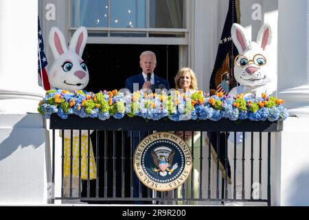 President Joe Biden and First Lady Jill Biden delivered remarks from the Blue Room Balcony during the White House Easter Egg Roll on April 10, 2023, highlighting NASA STEM activities. Stock Photo
