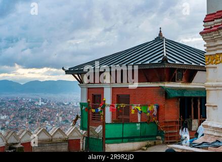 Swayambhunath Stupa complex with monkey silhouette on the roof. Kathmandu, Nepal. Stock Photo