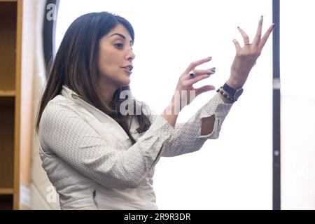 Diana Trujillo at Rolling Terrace E.S.. NASA Technical Group Supervisor for Sequence Planning and Execution and Tactical Mission Lead for the Mars Perseverance rover, Diana Trujillo, speaks to students at Rolling Terrace Elementary School, Monday, March 13, 2023, in Takoma Park, Maryland. Stock Photo