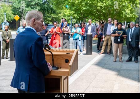 NASA HQ Juneteenth Flag Raising Ceremony. NASA Administrator Bill Nelson delivers remarks during a flag raising ceremony in recognition and celebration of Juneteenth, Thursday, June 15, 2023, at the Mary W. Jackson NASA Headquarters building in Washington. Stock Photo