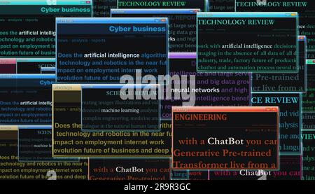 Artificial intelligence chatbot machine learning and neural networks. Headline news titles international media abstract concept  3d illustration. Stock Photo