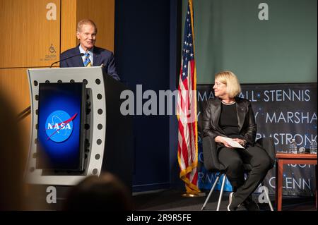 Moon to Mars Townhall. NASA Administrator Bill Nelson delivers opening remarks prior to a Moon to Mars Town Hall, Thursday, May 18, 2023, at the Mary W. Jackson NASA Headquarters building in Washington. Stock Photo