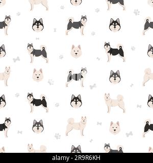 Alaskan malamute all colours seamless pattern. Different coat colors and poses set.  Vector illustration Stock Vector