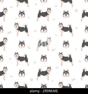 Alaskan malamute all colours seamless pattern. Different coat colors and poses set.  Vector illustration Stock Vector