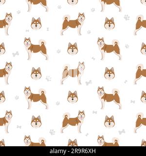 Alaskan malamute all colours seamless pattern. Different coat colors and poses set.  Vector illustration Stock Vector